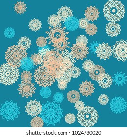 Ethnic Background with Small Mandalas. May be Used as Christmas Background with Snowflakes. Orient Pattern for Card, Poster, Banner. Festive Outline Mandalas on White Backdrop