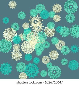 Ethnic Background with Small Mandalas. May be Used as Christmas Background with Snowflakes. Orient Pattern for Card, Poster, Banner. Festive Outline Mandalas on White Backdrop