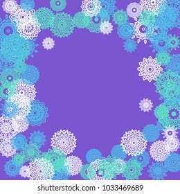 Ethnic Background with Small Mandalas. May be Used as Christmas Background with Snowflakes. Orient Pattern for Card, Poster, Banner. Festive Outline Mandalas on White Backdrop