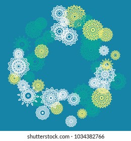 Ethnic Background with Small Mandalas. May be Used as Christmas Background with Snowflakes. Orient Pattern for Card, Poster, Banner. Festive Outline Mandalas on White Backdrop