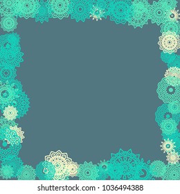 Ethnic Background with Small Mandalas. May be Used as Christmas Background with Snowflakes. Orient Pattern for Card, Poster, Banner. Festive Outline Mandalas on White Backdrop