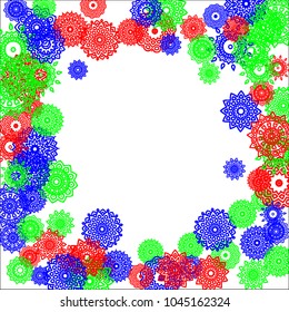 Ethnic Background with Small Mandalas. May be Used as Christmas Background with Snowflakes. Orient Pattern for Card, Poster, Banner. Festive Outline Mandalas on White Backdrop