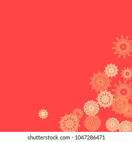 Ethnic Background with Small Mandalas. May be Used as Christmas Background with Snowflakes. Orient Pattern for Card, Poster, Banner. Festive Outline Mandalas on White Backdrop
