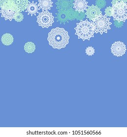 Ethnic Background with Small Mandalas. May be Used as Christmas Background with Snowflakes. Orient Pattern for Card, Poster, Banner. Festive Outline Mandalas on White Backdrop