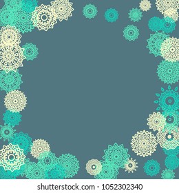 Ethnic Background with Small Mandalas. May be Used as Christmas Background with Snowflakes. Orient Pattern for Card, Poster, Banner. Festive Outline Mandalas on White Backdrop