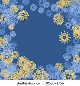 Ethnic Background with Small Mandalas. May be Used as Christmas Background with Snowflakes. Orient Pattern for Card, Poster, Banner. Festive Outline Mandalas on White Backdrop