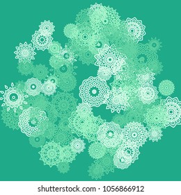 Ethnic Background with Small Mandalas. May be Used as Christmas Background with Snowflakes. Orient Pattern for Card, Poster, Banner. Festive Outline Mandalas on White Backdrop