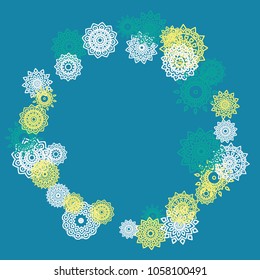Ethnic Background with Small Mandalas. May be Used as Christmas Background with Snowflakes. Orient Pattern for Card, Poster, Banner. Festive Outline Mandalas on White Backdrop