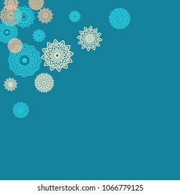 Ethnic Background with Small Mandalas. May be Used as Christmas Background with Snowflakes. Orient Pattern for Card, Poster, Banner. Festive Outline Mandalas on White Backdrop