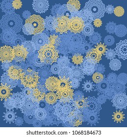 Ethnic Background with Small Mandalas. May be Used as Christmas Background with Snowflakes. Orient Pattern for Card, Poster, Banner. Festive Outline Mandalas on White Backdrop