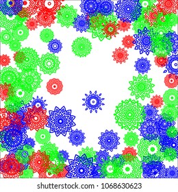 Ethnic Background with Small Mandalas. May be Used as Christmas Background with Snowflakes. Orient Pattern for Card, Poster, Banner. Festive Outline Mandalas on White Backdrop