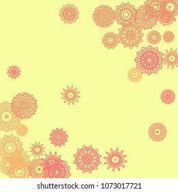 Ethnic Background with Small Mandalas. May be Used as Christmas Background with Snowflakes. Orient Pattern for Card, Poster, Banner. Festive Outline Mandalas on White Backdrop