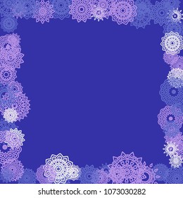 Ethnic Background with Small Mandalas. May be Used as Christmas Background with Snowflakes. Orient Pattern for Card, Poster, Banner. Festive Outline Mandalas on White Backdrop