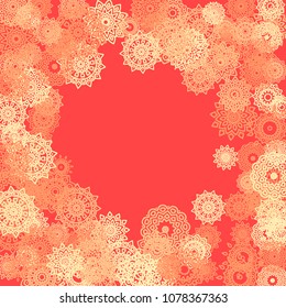 Ethnic Background with Small Mandalas. May be Used as Christmas Background with Snowflakes. Orient Pattern for Card, Poster, Banner. Festive Outline Mandalas on White Backdrop