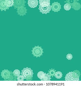 Ethnic Background with Small Mandalas. May be Used as Christmas Background with Snowflakes. Orient Pattern for Card, Poster, Banner. Festive Outline Mandalas on White Backdrop