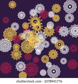 Ethnic Background with Small Mandalas. May be Used as Christmas Background with Snowflakes. Orient Pattern for Card, Poster, Banner. Festive Outline Mandalas on White Backdrop