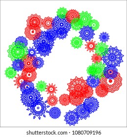 Ethnic Background with Small Mandalas. May be Used as Christmas Background with Snowflakes. Orient Pattern for Card, Poster, Banner. Festive Outline Mandalas on White Backdrop