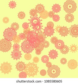 Ethnic Background with Small Mandalas. May be Used as Christmas Background with Snowflakes. Orient Pattern for Card, Poster, Banner. Festive Outline Mandalas on White Backdrop