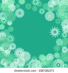 Ethnic Background with Small Mandalas. May be Used as Christmas Background with Snowflakes. Orient Pattern for Card, Poster, Banner. Festive Outline Mandalas on White Backdrop