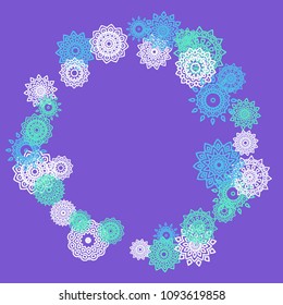 Ethnic Background with Small Mandalas. May be Used as Christmas Background with Snowflakes. Orient Pattern for Card, Poster, Banner. Festive Outline Mandalas on White Backdrop
