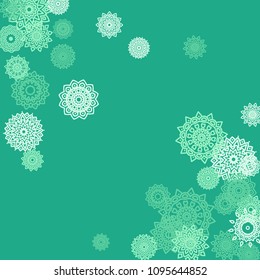 Ethnic Background with Small Mandalas. May be Used as Christmas Background with Snowflakes. Orient Pattern for Card, Poster, Banner. Festive Outline Mandalas on White Backdrop