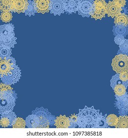 Ethnic Background with Small Mandalas. May be Used as Christmas Background with Snowflakes. Orient Pattern for Card, Poster, Banner. Festive Outline Mandalas on White Backdrop