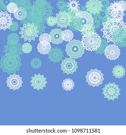 Ethnic Background with Small Mandalas. May be Used as Christmas Background with Snowflakes. Orient Pattern for Card, Poster, Banner. Festive Outline Mandalas on White Backdrop