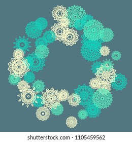 Ethnic Background with Small Mandalas. May be Used as Christmas Background with Snowflakes. Orient Pattern for Card, Poster, Banner. Festive Outline Mandalas on White Backdrop