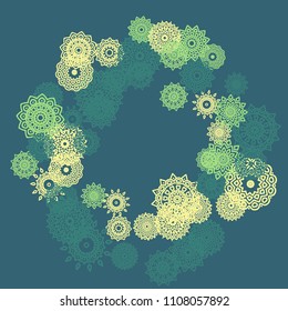 Ethnic Background with Small Mandalas. May be Used as Christmas Background with Snowflakes. Orient Pattern for Card, Poster, Banner. Festive Outline Mandalas on White Backdrop