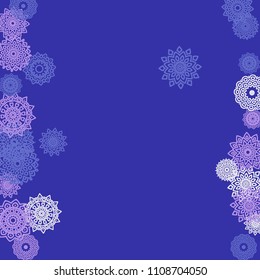 Ethnic Background with Small Mandalas. May be Used as Christmas Background with Snowflakes. Orient Pattern for Card, Poster, Banner. Festive Outline Mandalas on White Backdrop