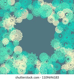 Ethnic Background with Small Mandalas. May be Used as Christmas Background with Snowflakes. Orient Pattern for Card, Poster, Banner. Festive Outline Mandalas on White Backdrop