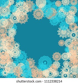 Ethnic Background with Small Mandalas. May be Used as Christmas Background with Snowflakes. Orient Pattern for Card, Poster, Banner. Festive Outline Mandalas on White Backdrop