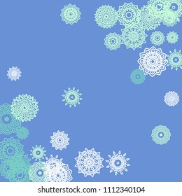 Ethnic Background with Small Mandalas. May be Used as Christmas Background with Snowflakes. Orient Pattern for Card, Poster, Banner. Festive Outline Mandalas on White Backdrop