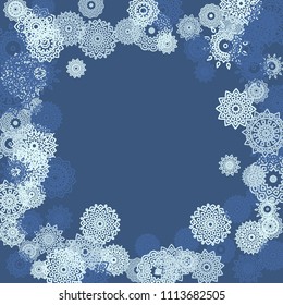 Ethnic Background with Small Mandalas. May be Used as Christmas Background with Snowflakes. Orient Pattern for Card, Poster, Banner. Festive Outline Mandalas on White Backdrop