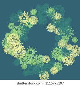 Ethnic Background with Small Mandalas. May be Used as Christmas Background with Snowflakes. Orient Pattern for Card, Poster, Banner. Festive Outline Mandalas on White Backdrop