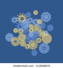 Ethnic Background with Small Mandalas. May be Used as Christmas Background with Snowflakes. Orient Pattern for Card, Poster, Banner. Festive Outline Mandalas on White Backdrop