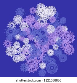 Ethnic Background with Small Mandalas. May be Used as Christmas Background with Snowflakes. Orient Pattern for Card, Poster, Banner. Festive Outline Mandalas on White Backdrop