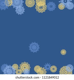 Ethnic Background with Small Mandalas. May be Used as Christmas Background with Snowflakes. Orient Pattern for Card, Poster, Banner. Festive Outline Mandalas on White Backdrop