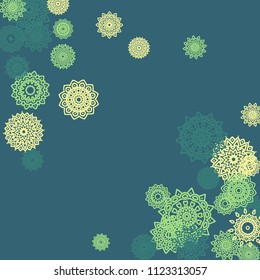 Ethnic Background with Small Mandalas. May be Used as Christmas Background with Snowflakes. Orient Pattern for Card, Poster, Banner. Festive Outline Mandalas on White Backdrop