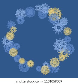 Ethnic Background with Small Mandalas. May be Used as Christmas Background with Snowflakes. Orient Pattern for Card, Poster, Banner. Festive Outline Mandalas on White Backdrop
