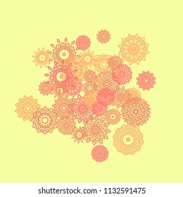 Ethnic Background with Small Mandalas. May be Used as Christmas Background with Snowflakes. Orient Pattern for Card, Poster, Banner. Festive Outline Mandalas on White Backdrop