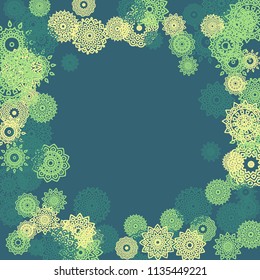 Ethnic Background with Small Mandalas. May be Used as Christmas Background with Snowflakes. Orient Pattern for Card, Poster, Banner. Festive Outline Mandalas on White Backdrop