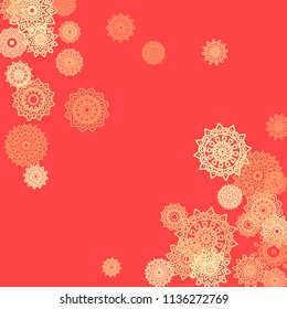 Ethnic Background with Small Mandalas. May be Used as Christmas Background with Snowflakes. Orient Pattern for Card, Poster, Banner. Festive Outline Mandalas on White Backdrop