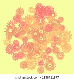 Ethnic Background with Small Mandalas. May be Used as Christmas Background with Snowflakes. Orient Pattern for Card, Poster, Banner. Festive Outline Mandalas on White Backdrop