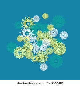 Ethnic Background with Small Mandalas. May be Used as Christmas Background with Snowflakes. Orient Pattern for Card, Poster, Banner. Festive Outline Mandalas on White Backdrop