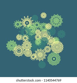 Ethnic Background with Small Mandalas. May be Used as Christmas Background with Snowflakes. Orient Pattern for Card, Poster, Banner. Festive Outline Mandalas on White Backdrop