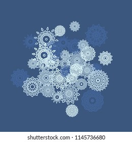 Ethnic Background with Small Mandalas. May be Used as Christmas Background with Snowflakes. Orient Pattern for Card, Poster, Banner. Festive Outline Mandalas on White Backdrop