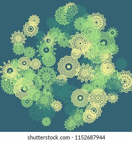 Ethnic Background with Small Mandalas. May be Used as Christmas Background with Snowflakes. Orient Pattern for Card, Poster, Banner. Festive Outline Mandalas on White Backdrop