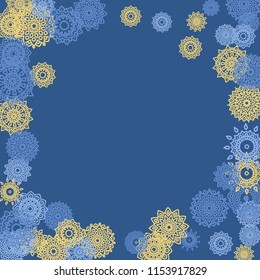 Ethnic Background with Small Mandalas. May be Used as Christmas Background with Snowflakes. Orient Pattern for Card, Poster, Banner. Festive Outline Mandalas on White Backdrop