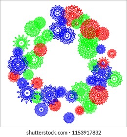 Ethnic Background with Small Mandalas. May be Used as Christmas Background with Snowflakes. Orient Pattern for Card, Poster, Banner. Festive Outline Mandalas on White Backdrop
